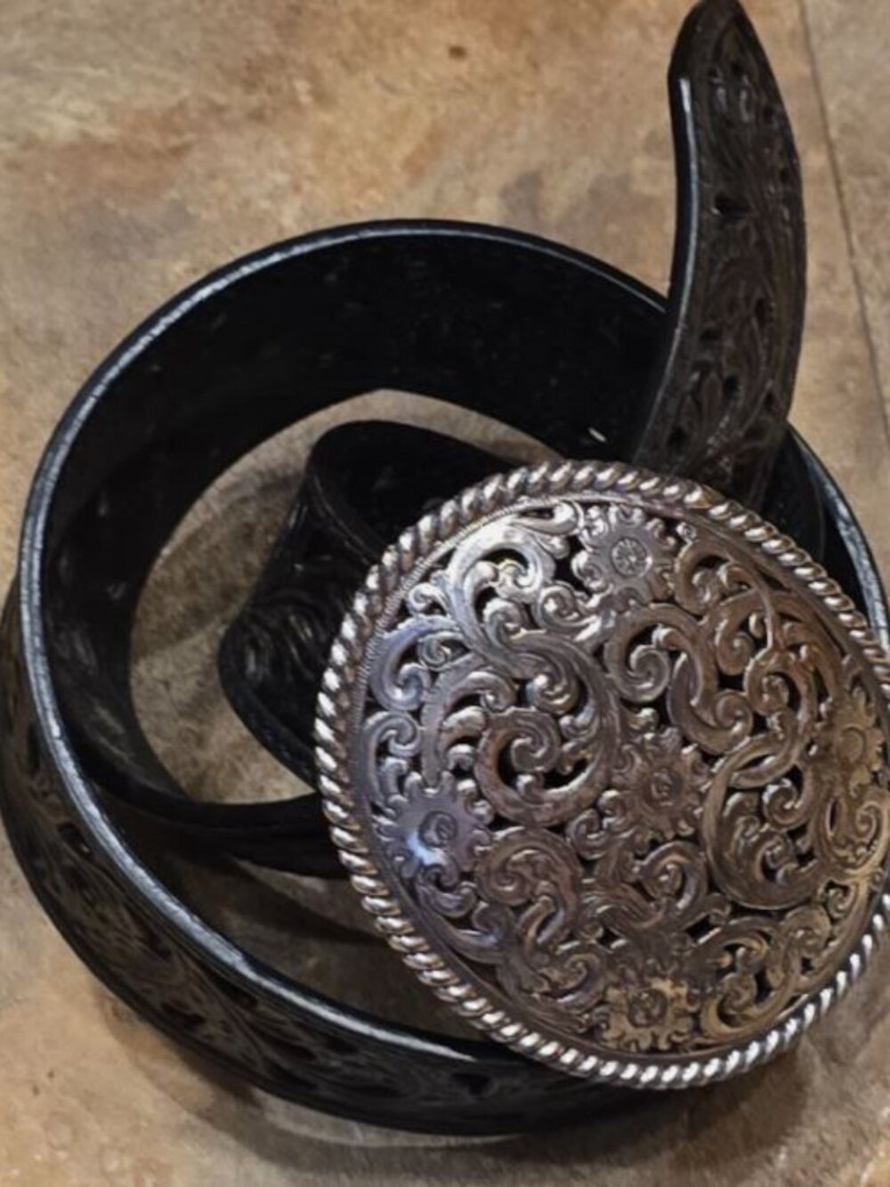 Tony Lama Black Pierced Filigree Leather Western Belt & Silver Buckle Sz 36
